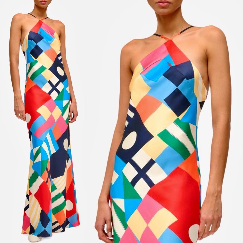 STAUD Multicolor Geometric Halter Maxi Dress — Red, Blue, Green & Yellow